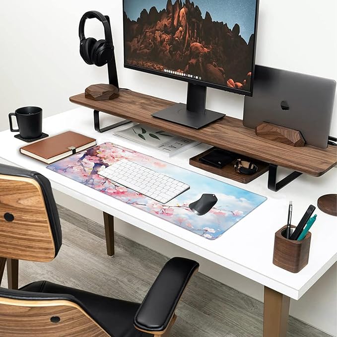 Large Gaming Mouse Pad for Desk,Cherry Blossom Tree Desk Mat for Desktop,Watercolor Floral Desk Pad, Extended Big Computer Keyboard Mouse Pad with Non-Slip Base Stitched Edges 31.5"x11.8"
