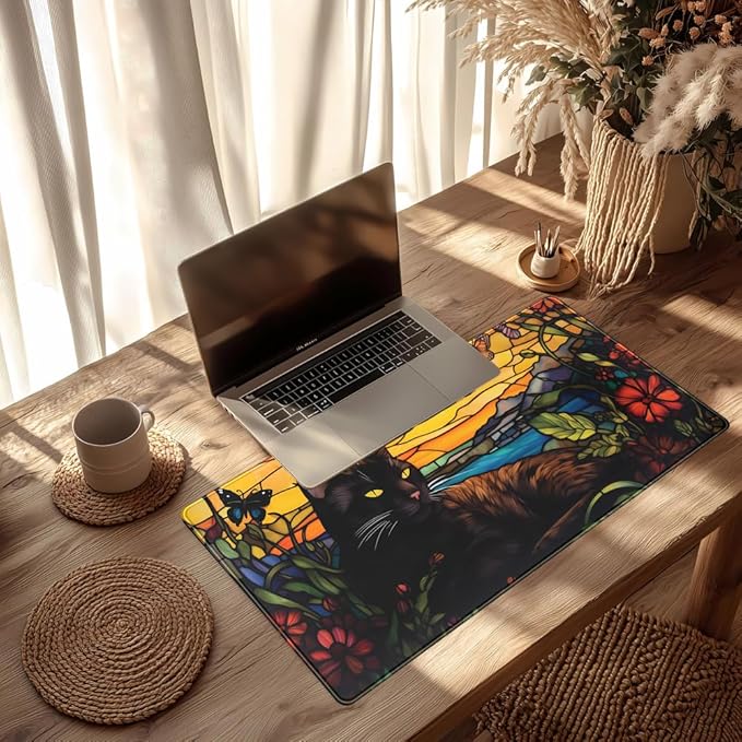 Black Cat Desk Mat Retro Flower Mouse Pad Large Mousepad, Enamel Aesthetic Gaming Mouse Pad Boho Desk Pad Large Decor Computer Mat, with Stitched Eges Non-Slip Base Mouse Pads Accessories 31.5"x15.7"