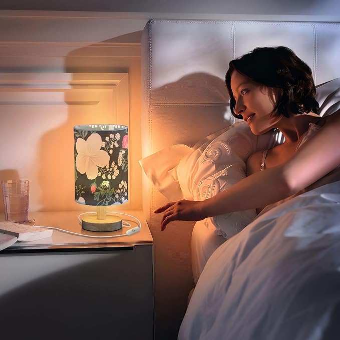 Flower LED Table Lamp, Bedside Lamp with Linen Lampshade, Flicker-Free Eye Care USB Plug in Nightstand Lamp, for Bedroom and Office