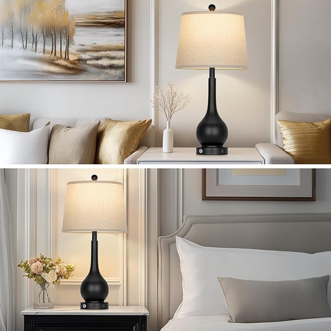 26" Black Table Lamps Set of 2, Touch Control Lamps for Living Room, 3-Way Dimmable Bedroom Bedside Lamps for Nightstands with USB A+C Port (2 LED Bulbs Included)