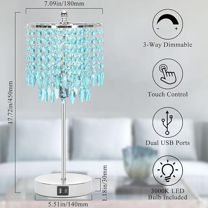 Boncoo Crystal Table Lamp with Touch Control and Dual USB Ports - 3-Way Dimmable Bedside Light with Teal Lamps Shade for Living Room Bedroom, Elegant Home Decor - LED Bulb Included