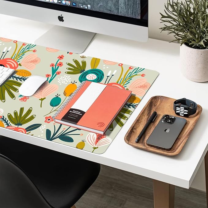 Desk Mat Large Protector Pad 23.6" ×11.8", Non-Slip PU Leather Desk Blotter, Waterproof Mouse Pad for Office Home Green Floral