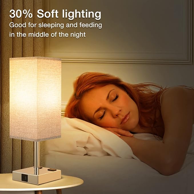 aooshine Gray Set of 2 Touch Lamp with USB Port-Nightstand Lamp with USB-C+A Charge Ports& AC Outlets, 3-Way Dimmable Bedside Lamp with Shade,Small Table Lamp for Bedroom Living Room(Bulb Included)