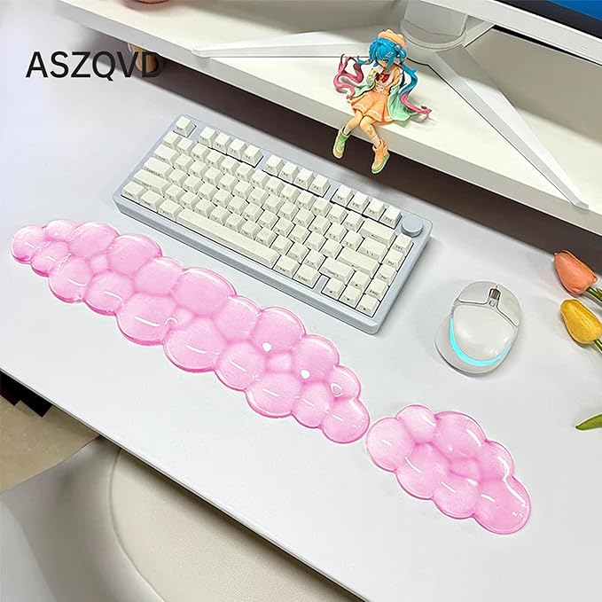 Mouse Pad with Wrist Rest, Soft Cloud Gel Keyboard Mouse Pad Set with Hand Wrist Support, Cute Non Slip Office Desk Accessories for Comfort/PC Gaming/Computer/Laptop, (Pink Cloud)