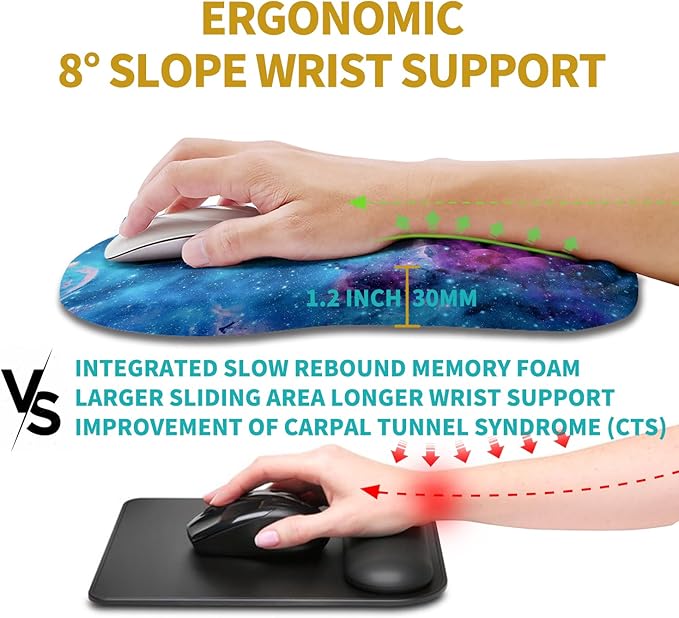 Hokafenle Ergonomic Mouse Pad Wrist Support, Wrist Rest Mousepad for Carpal Tunnel with Integrated Memory Foam Slope Massage Bulge (11.8x7.9 inch,Galaxy Nebula Space)