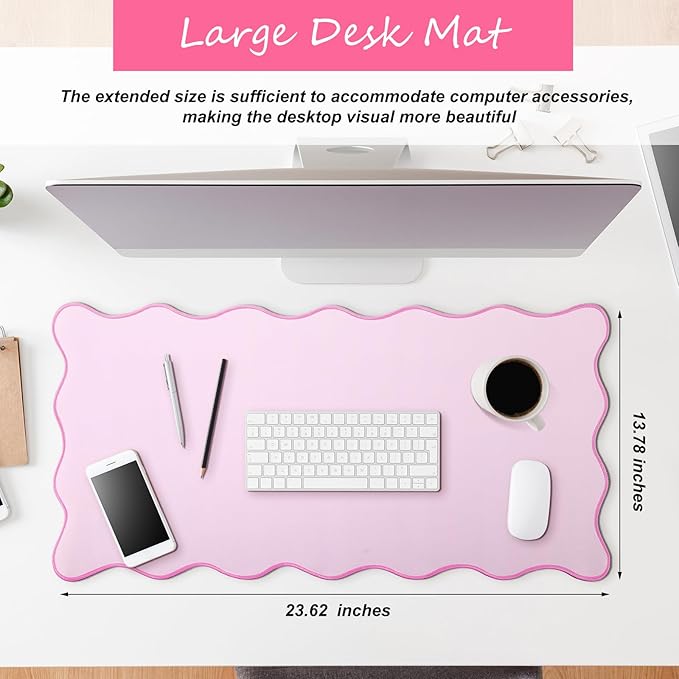 Scalloped Desk Mat Large Scalloped Piping Cute Desk Mat Aesthetic Preppy Table Pad Large Nonslip Pad with Edge Stitching Waterproof Gaming(Pink,23.62 x 13.78 Inches)