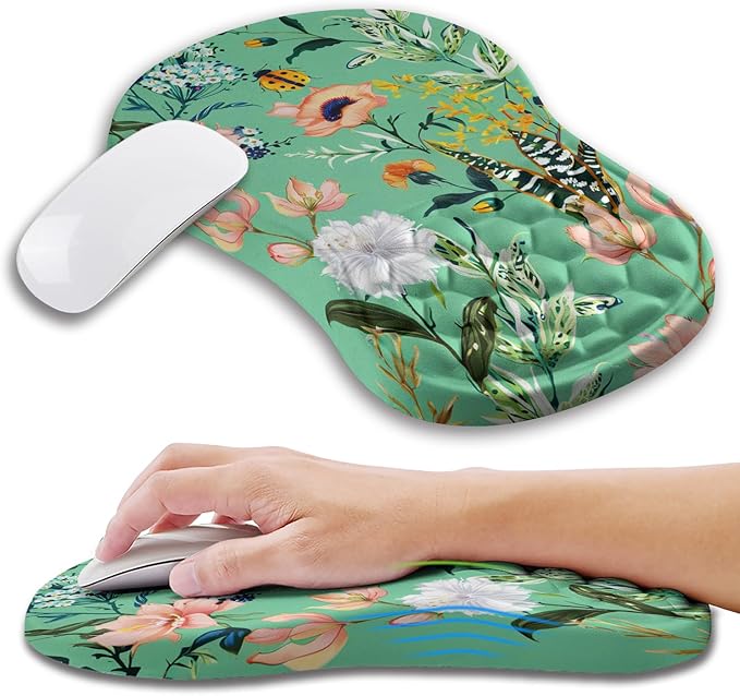 Ergonomic Mouse Pad Wrist Support with Memory Foam Massage Bulge, Carpal Tunnel Mousepad Wrist Rest for Mouse(12x8 inch, Pink Flowers)