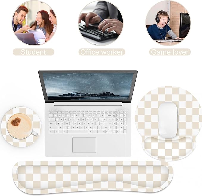 Ergonomic Mouse Pad with Wrist Rest and Keyboard Wrist Rest, Mousepad and Keyboard Pad, Non-Slip Rubber Base, Mouse Pad with Wrist Support for Gaming, Computer, Office, Beige Checkered