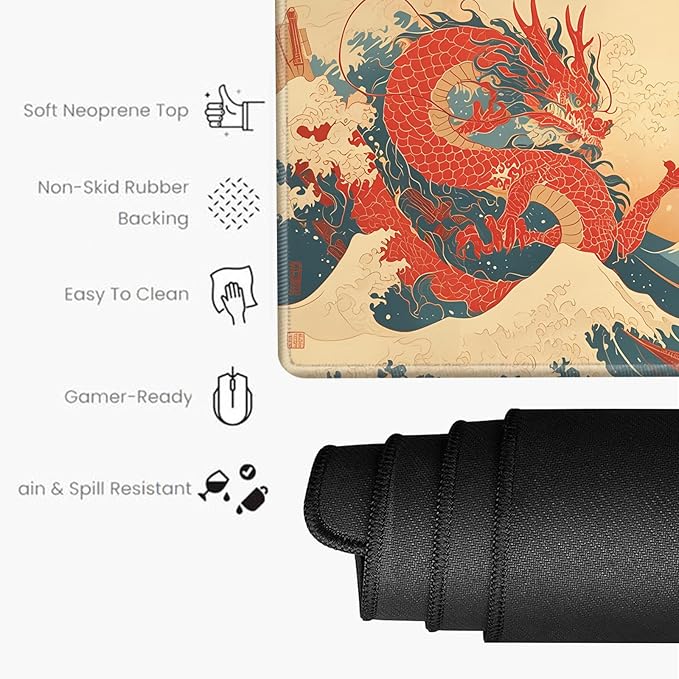 Gaming Mouse Pad Large Mousepad Dragon Desk Mat XXL Big Desk Pad Rubber Base Computer Pad with Stitched Edges Mouse Mat for Work Game Home Office