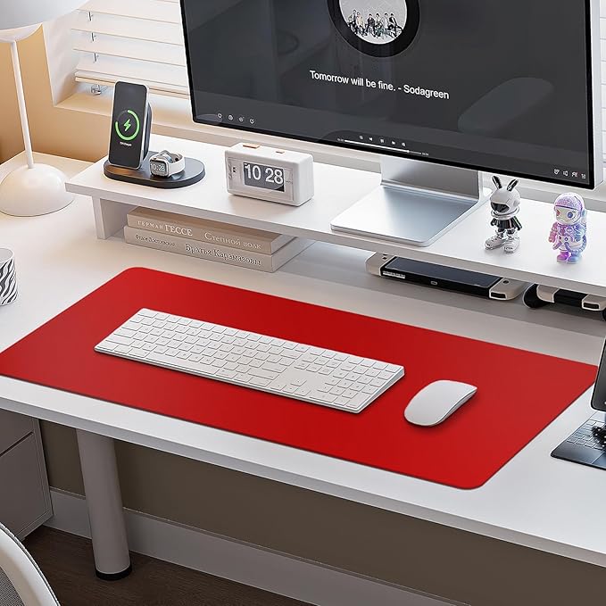 Boutilon Leather Desk Pad Protector,Non-Slip Mouse Pad,Laptop Desk Pad,Office Mouse Mat,Waterproof Leather Desk Blotter,Desk Writing Pad for Office and Home (XL-Red,35.4"x 15.7")