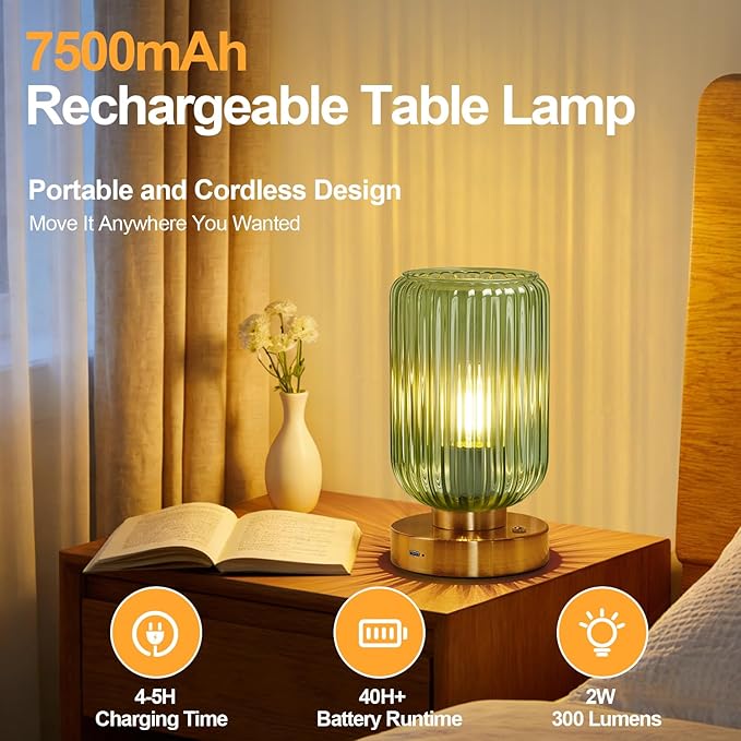 Cordless Table Lamp for Bedroom, 7500mAh Rechargeable Battery Operated Lamp, Modern Touch Dimmable Wireless Lamp Gold Base Green Glass Shade for Living Room, Desk, Led Bulb Included