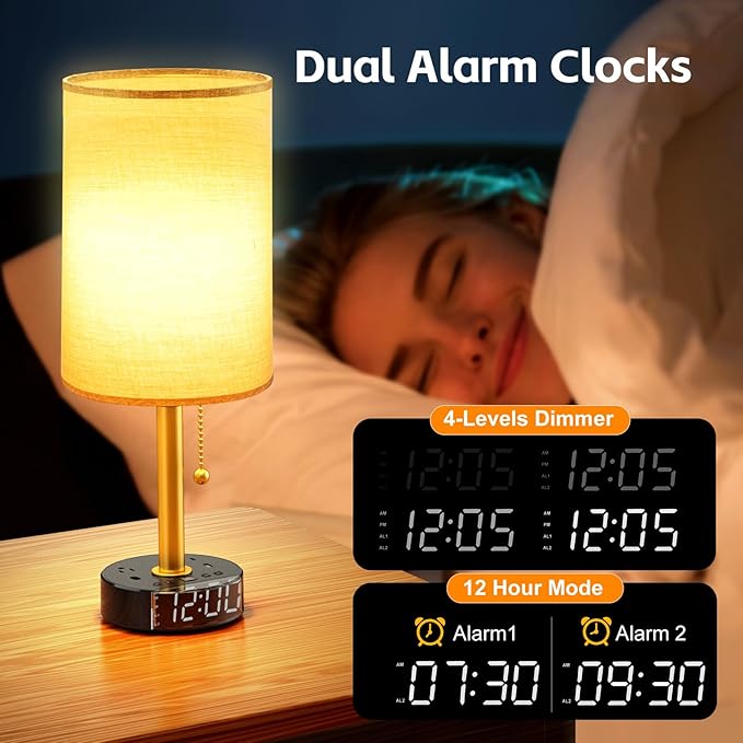 Bedside Desk Lamp for Bedroom, Table Lamp with USB A & USB C Fast Charging Ports & 2 AC Power Outlets, Alarm Clock Base, Round Black Fabric Lampshade Modern Nightstand Lamp for Living Room Home Office
