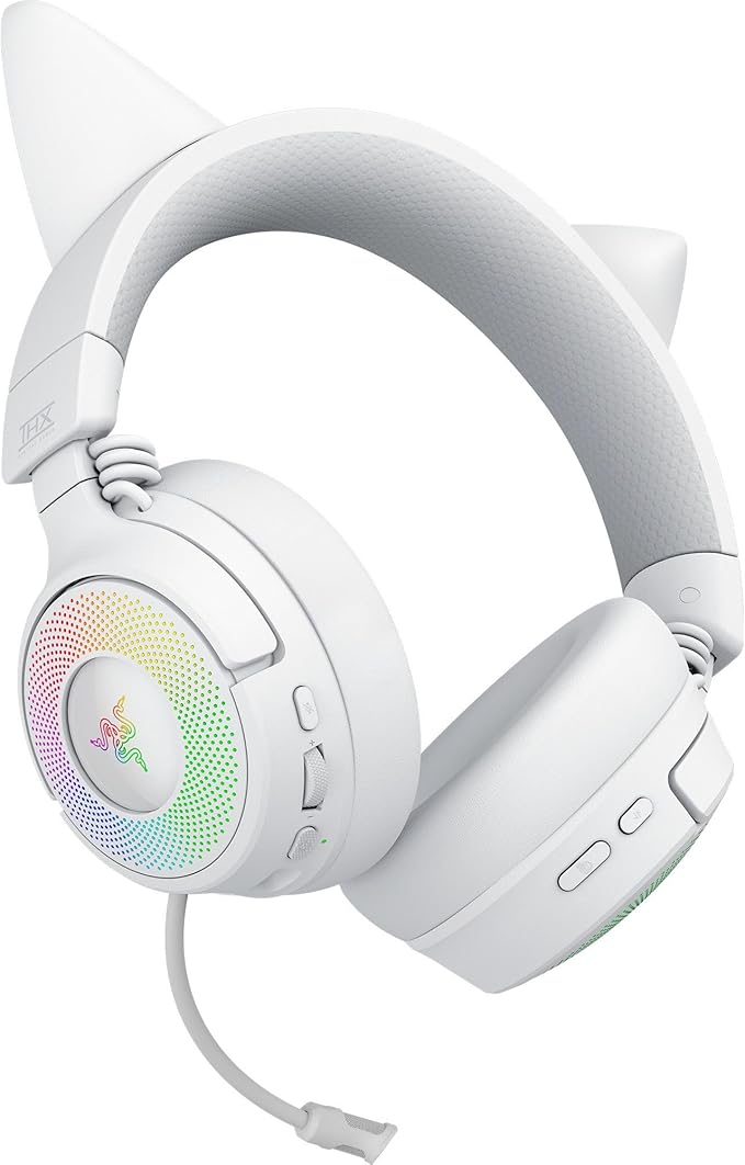 Razer Kraken Kitty V3 Pro Wireless RGB Gaming Headset: Chroma RGB Kitty Ears - 2.4 GHz, Bluetooth 5.3, USB A - Super Wideband Mic - 40mm Drivers - THX Spatial Audio - Comfortable Ear Cushions - White