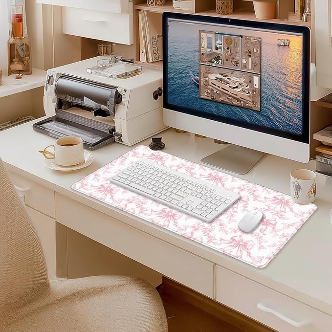 Coquette Pink Floral Large Mouse Pad 31.5x15.7inch, Trendy Girly Pink Bow Peony Flower Aesthetic Large Extended Computer Desk Mat Mousepad for Keyboard and Mouse, Preppy Desk Accessories