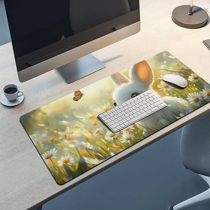 Large Ergonomic Gaming Mouse Pad Baby Bunny in Daisy Field - Sweet Rabbit Theme with Non-Slip Base Water-Resistant Surface and Stitched Edges 40x90cm
