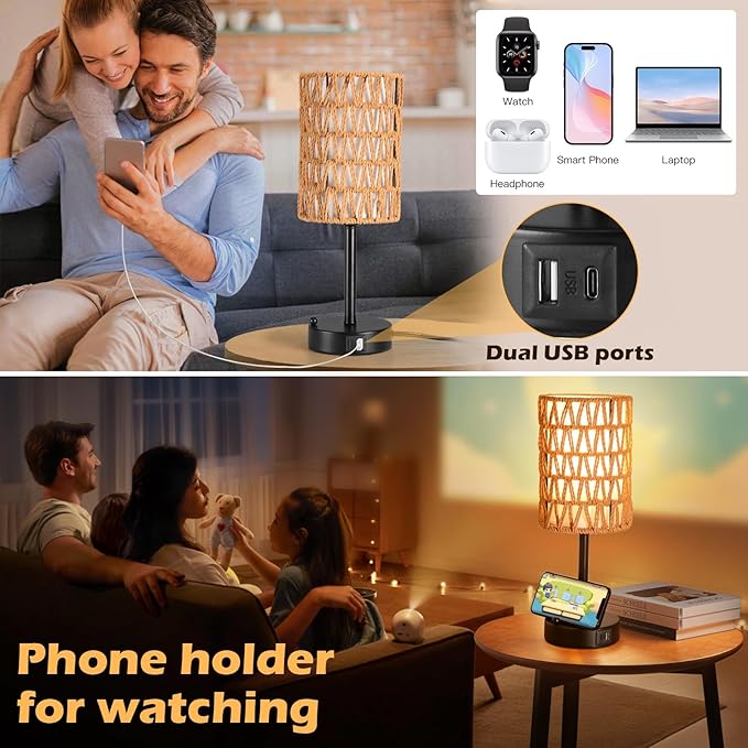 Rattan Table Lamps for Living Room, 3 Way Dimmable Touch Lamps, Small Bedside Lamps with LED Bulbs, Phone Stand, USB Ports and AC Outlet, Boho Nightstand Lamp for Kids Room, Bedroom, Office (1 Pack)