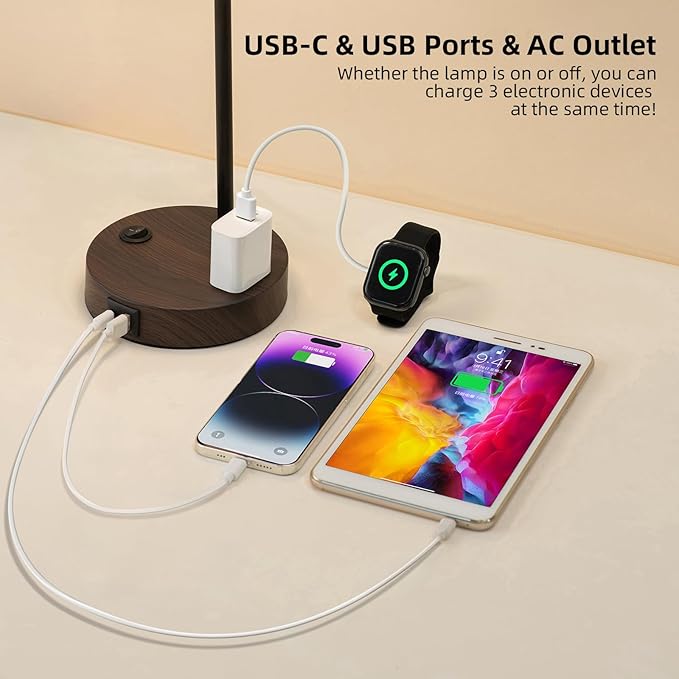 Industrial Table Lamp with Remote Control for Stepless Dimmer & Temperatures, Bedside Lamp with USB C+A Ports and AC Outlet, Flexible Head-Desk Lamp for Bedroom, Living Room, Office (Walnut)