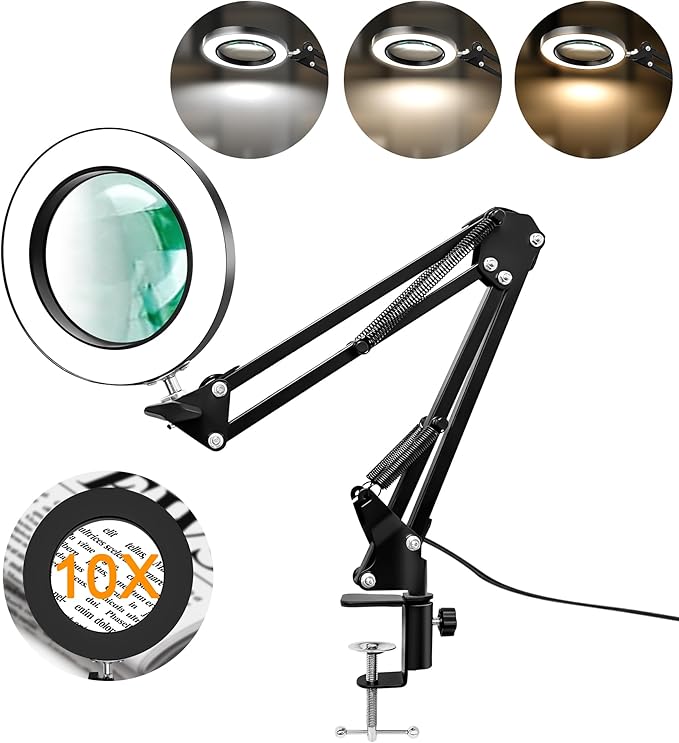 10X Magnifying Glass with Light and Clamp, Real Glass LED Lighted Magnifier, 3 Color Modes 10 Level Dimmable, Magnifying Lamp with Clamp for Reading Craft Hobby Close Work, Black