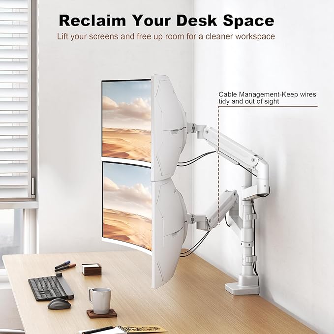 Dual Monitor-Arm Heavy-Duty for 17-49-inch Screens - Vertical Stacked Dual Monitor Mount Stand for Ultrawide Screens up to 44lbs, Aluminum,Full Motion, VESA 75/100 mm, White