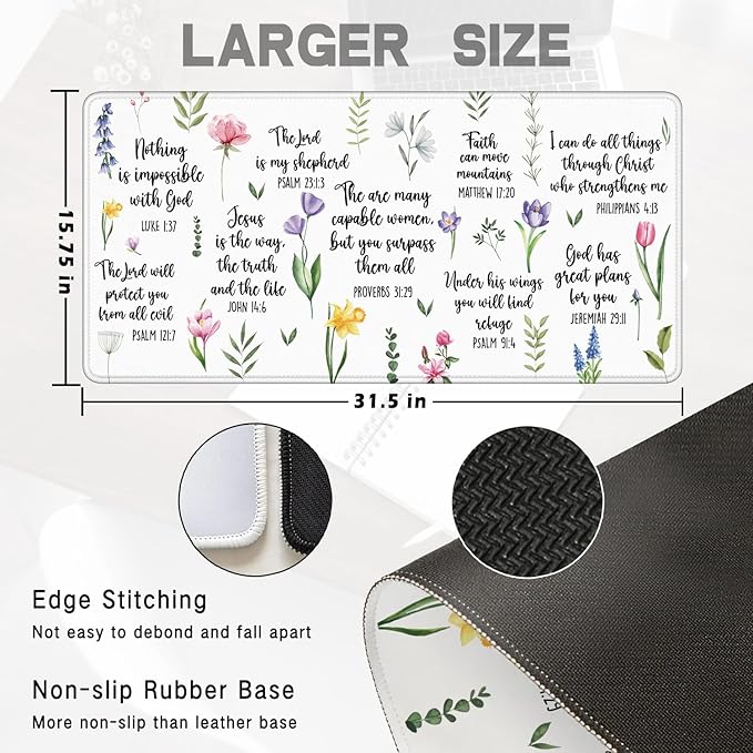Christian Inspirational Floral Large Mouse Pad 31.5x15.7inch, Religious Bible Verse Large Extended Computer Desk Mat Mousepad for Keyboard and Mouse, Christian Desk Accessories