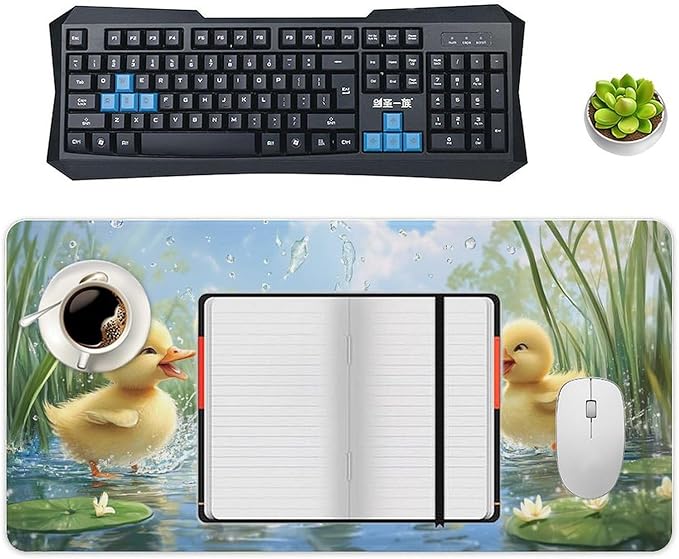 Large Ergonomic Gaming Mouse Pad Playful Ducklings in Pond - Cute Waterfowl Theme with Non-Slip Base Water-Resistant Surface and Stitched Edges 30x60cm