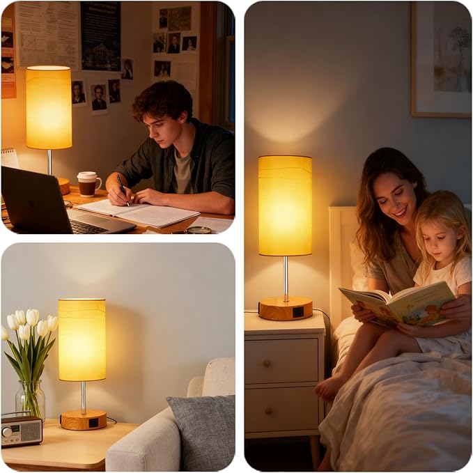 HiBay 17.75" Touch Bedside Table Lamp with USB Charging Ports & AC Outlet, Farmhouse Wood-Grain 3-Way Dimmable LED Nightstand Light with Parchment Shade for Bedroom Home Office Decor