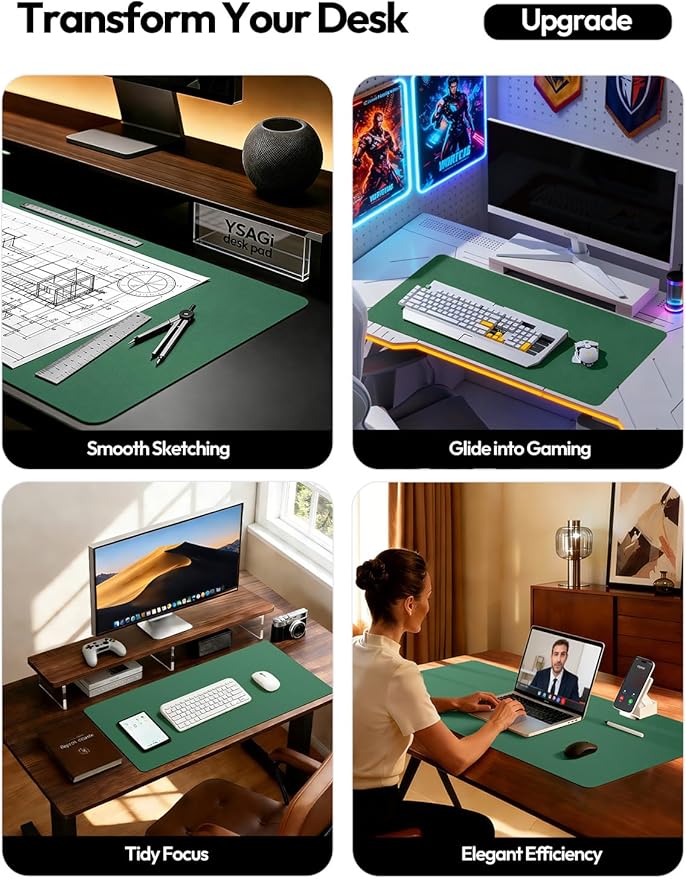 YSAGi Leather Desk Pad Protector, Office Desk Mat, Large Mouse Pad, Non-Slip PU Leather Desk Blotter, Laptop Desk Pad, Waterproof Desk Writing Pad for Office and Home (Jade Green, 23.6" x 13.8")