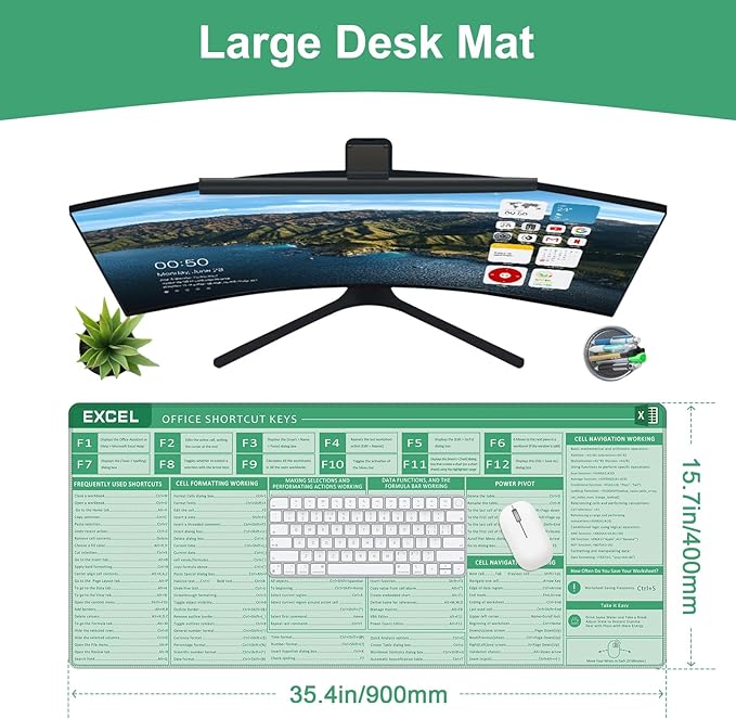 Baziabbo Office Desk Mat, Excel Cheat Sheet Keyboard Mat, Excel Shortcut Desk Pads,Non-Slip Excel Mousepad with Stitched Edges for Computer (Sheet Green)