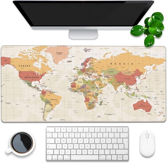Desk Mat, Yellow Vintage World Map Extended Gaming Mouse Pad Large, 35.4"x15.7" Big Mouse Pad with Non-Slip Base and Stitched Edge, Long Computer Keyboard Mouse Mat for Home Office Work