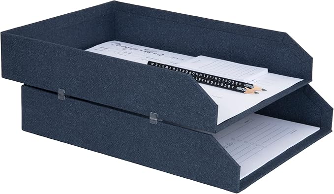 Bigso Box of Sweden Hakan Canvas Letter Trays - Pack of 2 - Desk Paper Organizer Tray with Stable Rubber Feet for A4 or Letter Size Documents - 9.1in x 12.2in x 2.4in - Blue