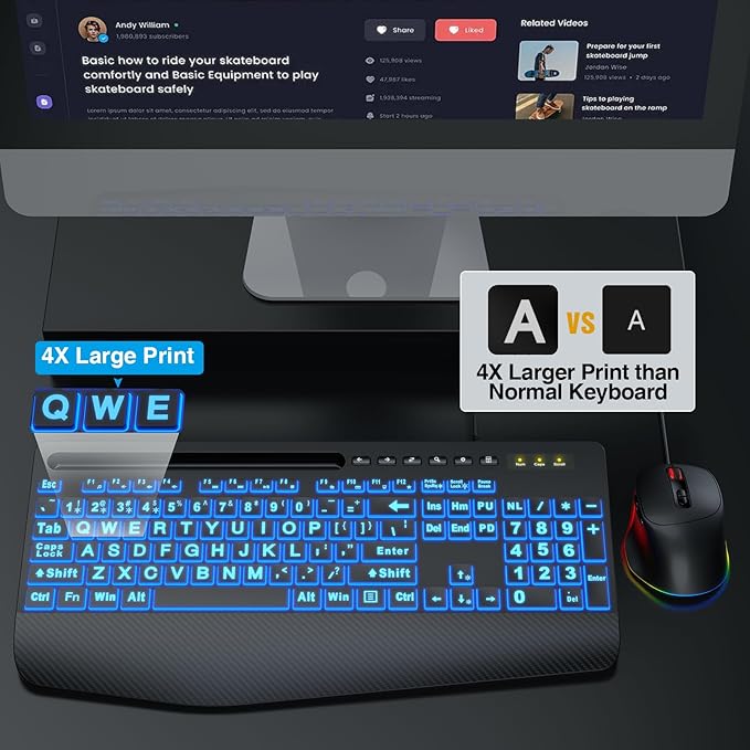 Wired Keyboard Mouse Combo - Large Print Backlit, Ergonomic Wrist Rest, 6 DPI RGB for PC/Windows - Ideal for Seniors, Students, Office and Home SABLUTE KM21Pro