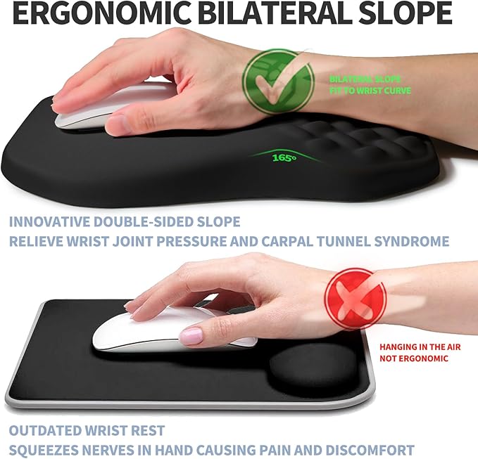 Ergonomic Raised Mouse Pad Wrist Support with Bilateral Slope Memory Foam Mousepad for Wrist Rest and Carpal Tunnel 11.8x7.9〃 Black