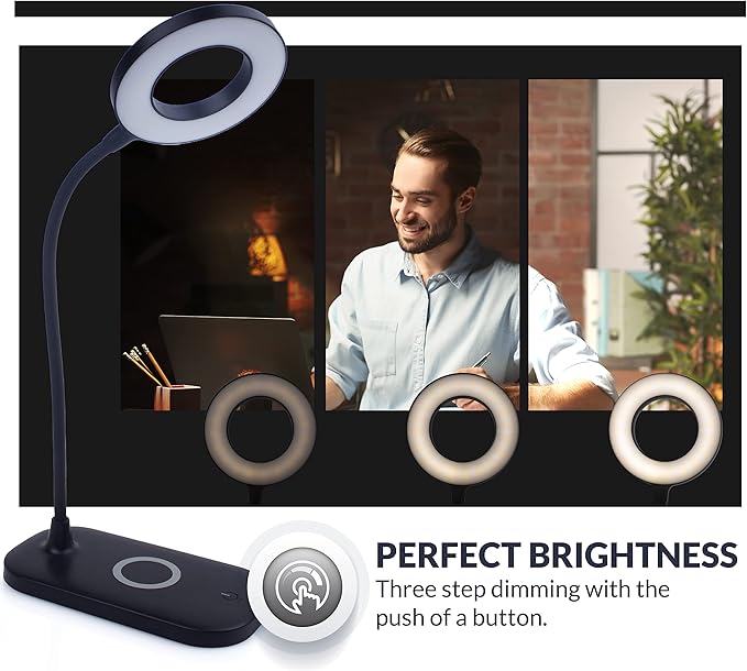 Newhouse Lighting Zlata Painted Black Plastic Tap or Touch Switch Dimmable and Adjustable Color Temperature Office Desk Lamp with 21 LEDs and USB Port, Wireless Charging