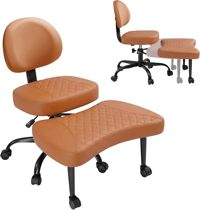 GUNJI Ergonomic Criss Cross Legged Office Chair, 360° Swivel Meditation Kneeling Chair with Wheels, ADHD Chair with Footrest, Lumbar Support, Wider Height Adjustable Seat (Brown, Faux Leather)