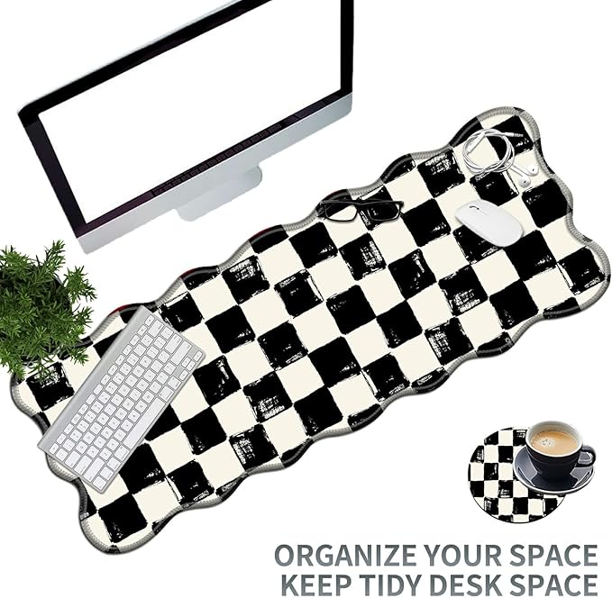 Black White Checkered Large Gaming Mouse Pad Plus a Coaster, 31.5 x 11.8 inches Desk Mat Extended XL Mousepad with Stitched Edge Non-Slip Rubber, Desk Pad Computer Mouse Mat for Home Office