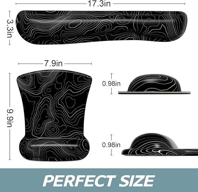 ITNRSIIET Mouse Pad Wrist Support Keyboard Wrist Rest Pad Ergonomic Mousepad Non-Slip Memory Foam Keyboard Pad Easy Typing Pain Relief Perfect for PC Laptop Gaming Office, Topographic Contour Black