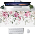 Large Gaming Mouse Pad for Desk,Pink Peony Flowers Eucalyptus Leaves Desk Mat,Watercolor Floral Desk Pad,Extended Big Computer Keyboard Mouse Pad with Non-Slip Base Stitched Edge 35.4"x15.7"