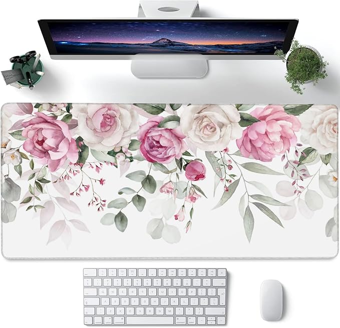 Large Gaming Mouse Pad for Desk,Pink Peony Flowers Eucalyptus Leaves Desk Mat,Watercolor Floral Desk Pad,Extended Big Computer Keyboard Mouse Pad with Non-Slip Base Stitched Edge 35.4"x15.7"
