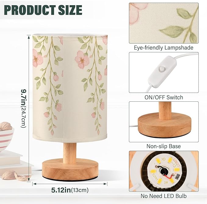 Flower LED Table Lamp, Bedside Lamp with Linen Lampshade, Flicker-Free Eye Care USB Plug in Nightstand Lamp, for Bedroom and Office