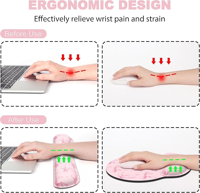 Ergonomic Mouse Pad with Wrist Rest and Keyboard Wrist Rest, Mousepad and Wrist Rest for Computer Keyboard, Non-Slip Rubber Base, Mouse Pad Wrist Support for Gaming, Pink Bow
