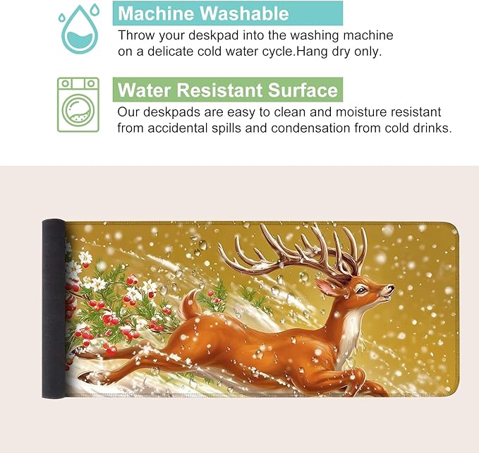 Desk Mat, XXL Extended Gaming Pad for Desktop, 31x12 Inches Winter Reindeer Running in Snow, Large Non-Slip Vegan Leather Surface with Stitched Edges, Keyboard Mouse Mat for Home Office