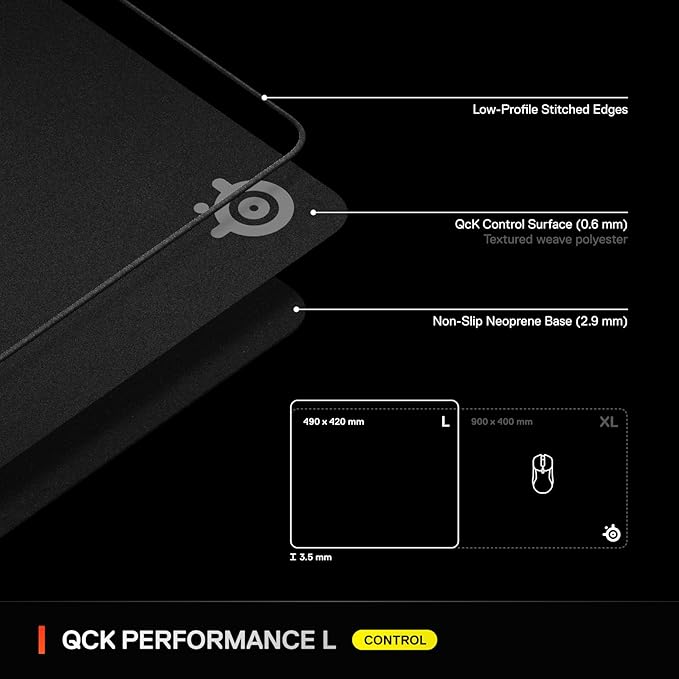 SteelSeries QcK L Performance Control Gaming Mousepad — Extra Density for a Smooth Glide — Low-Profile Edge Stitching — Non-Slip Neoprene Rubber Base — 16.54 x 19.29 inch — FPS, MOBAs, RTS, MMO