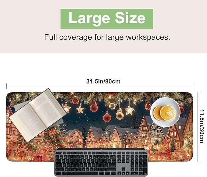 Desk Mat, XXL Extended Gaming Pad for Desktop, 31x12 Inches Village with Trees and Lights, Large Non-Slip Vegan Leather Keyboard and Mouse Mat for Home Office