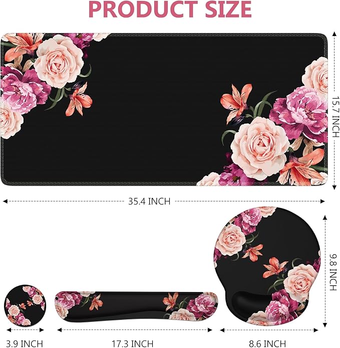 iLeadon Mouse Pad Set, Desk Mat + Mouse Pad with Wrist Rest + Keyboard Wrist Rest + Coaster, 4in1 Mouse and Keyboard Pad Set for Home Office, Peony Flowers
