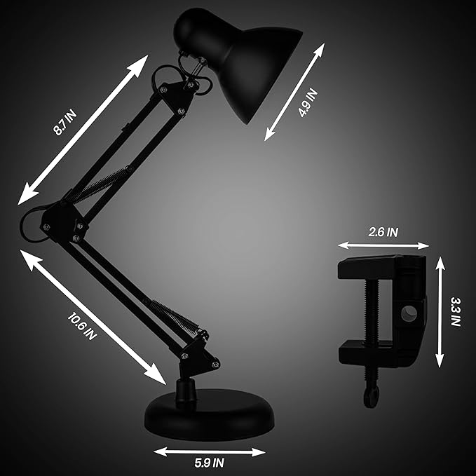 Metal Desk Lamp with Clamp, Swing Arm, Architect Adjustable Desk Lamps for Home Office, Clip Desk Lights for Home Office, Study, Work, Reading, E26 Base, Multi-Joint– Includes Bulb