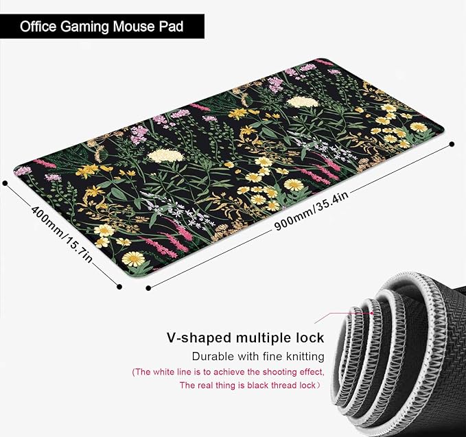 Botanical Colorful Flowers Gaming Desk Mat, Blooming Herb Floral Plants XXL Large Mouse Pad, Computer Mat for Desk, Accessory Decor Gift - 35.4 x 15.7 Inch, Vintage Flowers Black