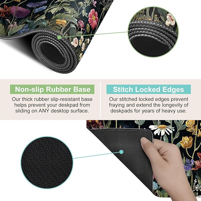 Desk Mat, XXL Extended Gaming Pad for Desktop, 35x16 Inches Vibrant Floral Colorful Flower Bouquet, Large Non-Slip Vegan Leather Surface with Stitched Edges, Keyboard Mouse Mat for Home Office