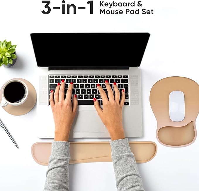 Wrist Rest Support for Mouse Pad Keyboard Set Circle Coaster Gaming Mouse Pad Ergonomic Gel Memory Foam Set for Computer, Laptop, Office, Comfortably Typing Brown KM-32