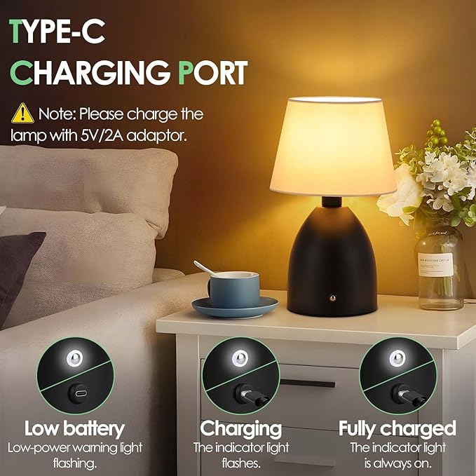 GGOYING Cordless Table Lamp Set of 2, Small Rechargeable Desk Lamp, 4-Level Brightness Bedside Nightstand Lamps for Bedroom, Kid’s Room, Nursery, Reading Living Room,Black