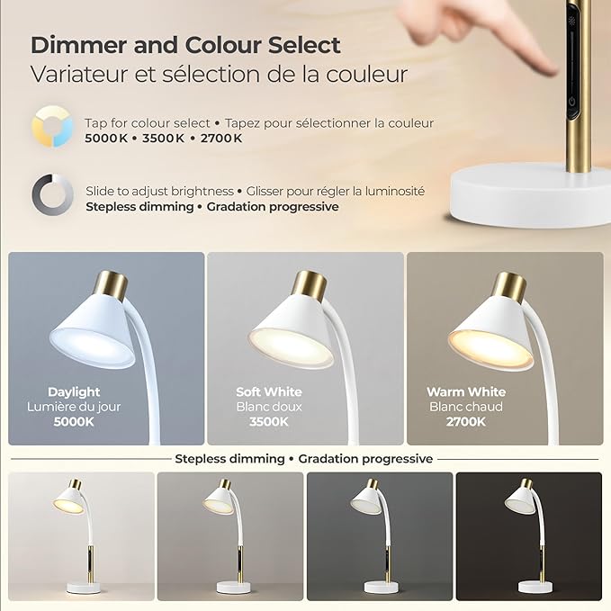 Globe Electric 62000035 15" LED Integrated Desk Lamp, Matte White, Brass Accent, Adjustable Gooseneck, Dimmable, 3 Color Temperature, 7.5W, 90 CRI, 400 Lumens, Reading Light, Dorm Room Essentials